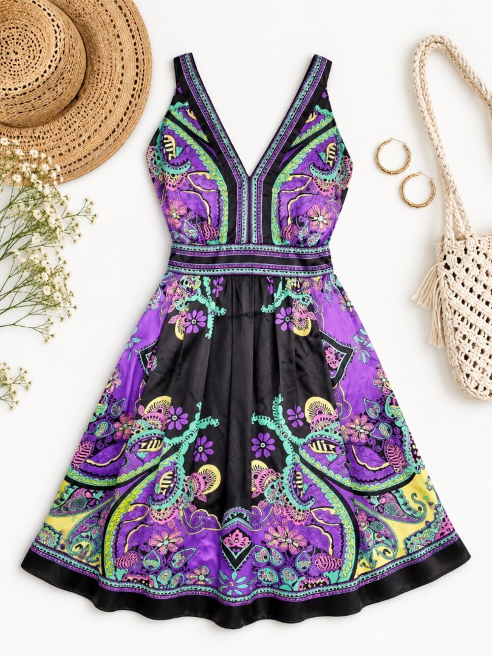 i.c.e. Size 8 Black Purple Paisley Floral Fit & Flare Dress Boho